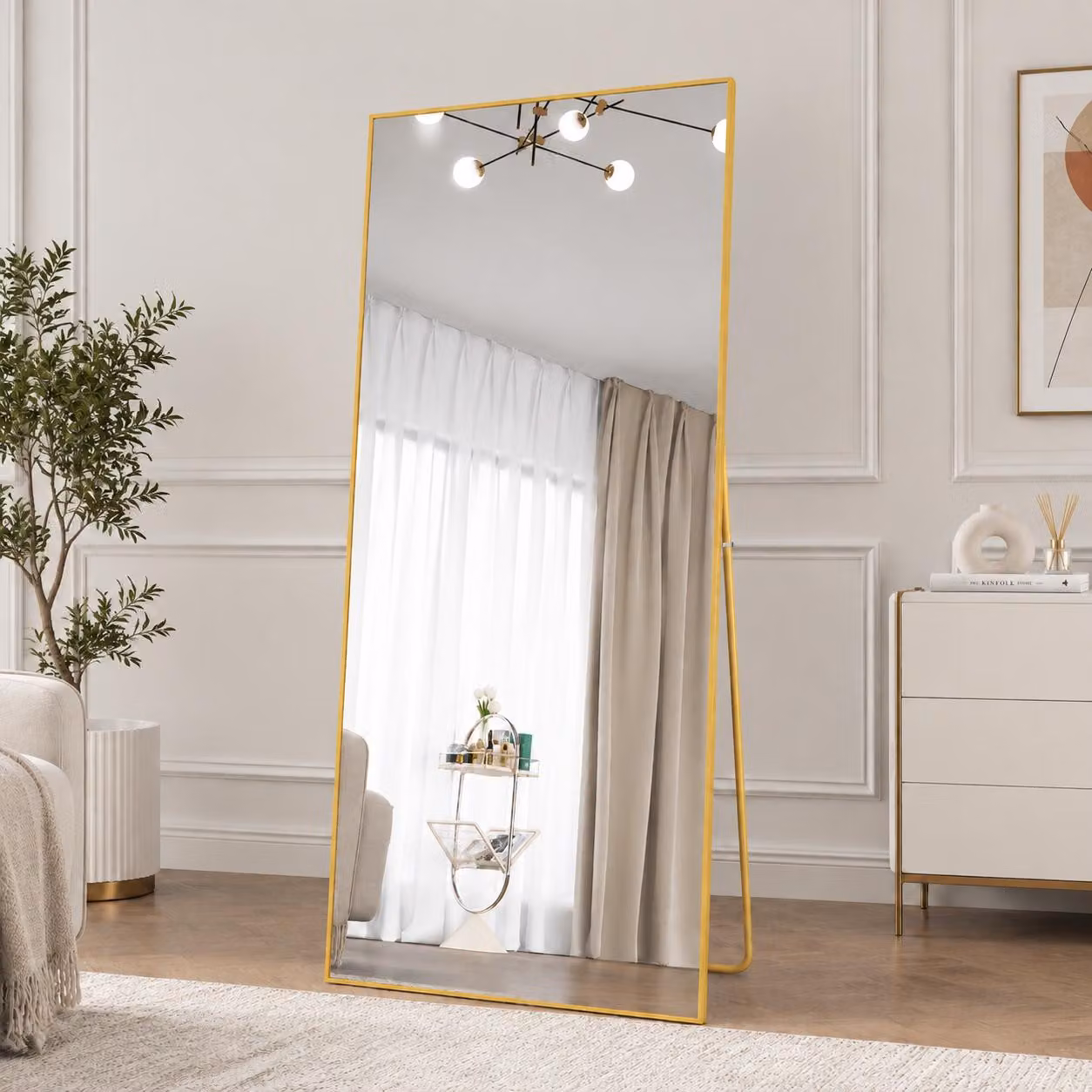 Specchio a figura intera ad alta definizione INONEFT, 180 x 80 cm, specchio quadrato per il trucco con cornice in lega di alluminio e supporto in metallo, color oro