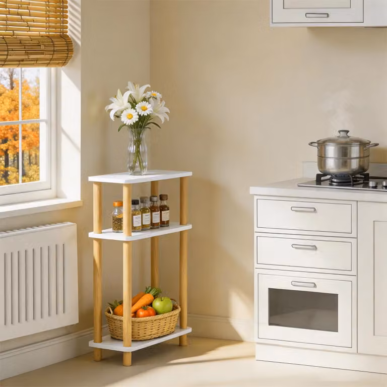 Tavolino di servizio - Tavolino da divano e comodino - 3 scomparti portaoggetti - Struttura in legno - 40 x 18 x 60 cm - Bianco