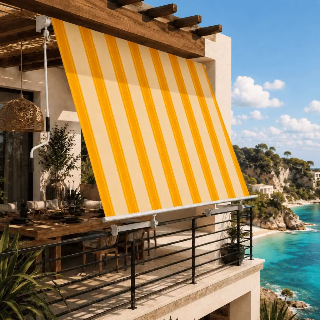 Tenda da sole Arreditaly con struttura in alluminio e manovella, tessuto in poliestere giallo e beige, L: 295 cm, P: 50 cm, H: 250 cm – 2