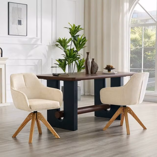 Set da 2 sedie da pranzo girevoli REDOM in legno di quercia e tessuto beige con altezza 82 cm