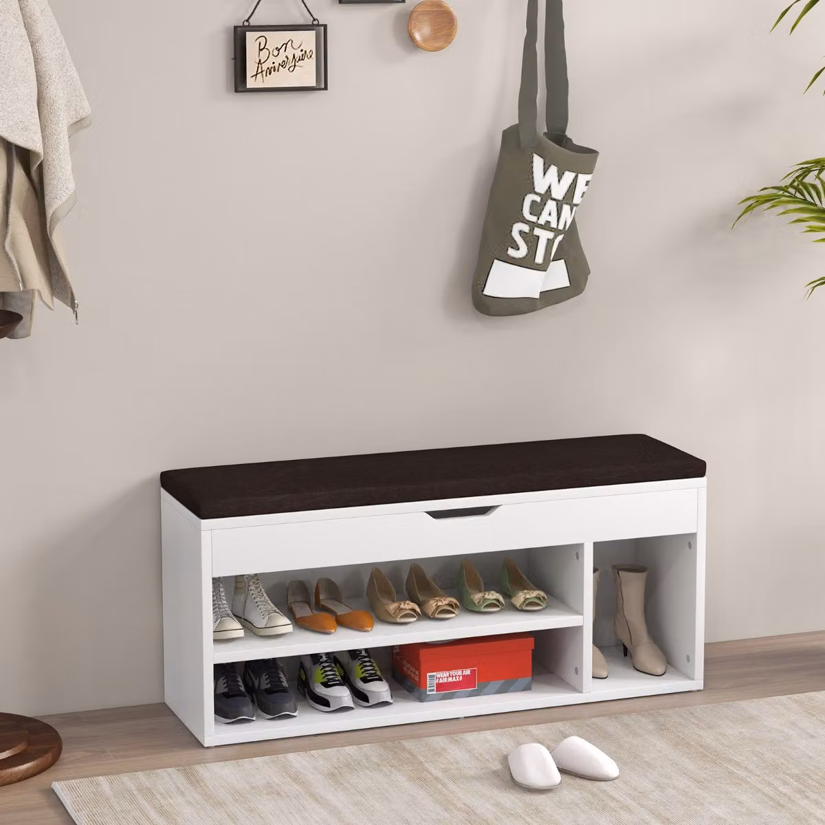 Costway Scarpiera in legno con cuscino morbido e cassetto due ripiani 104x30x48cm Bianco