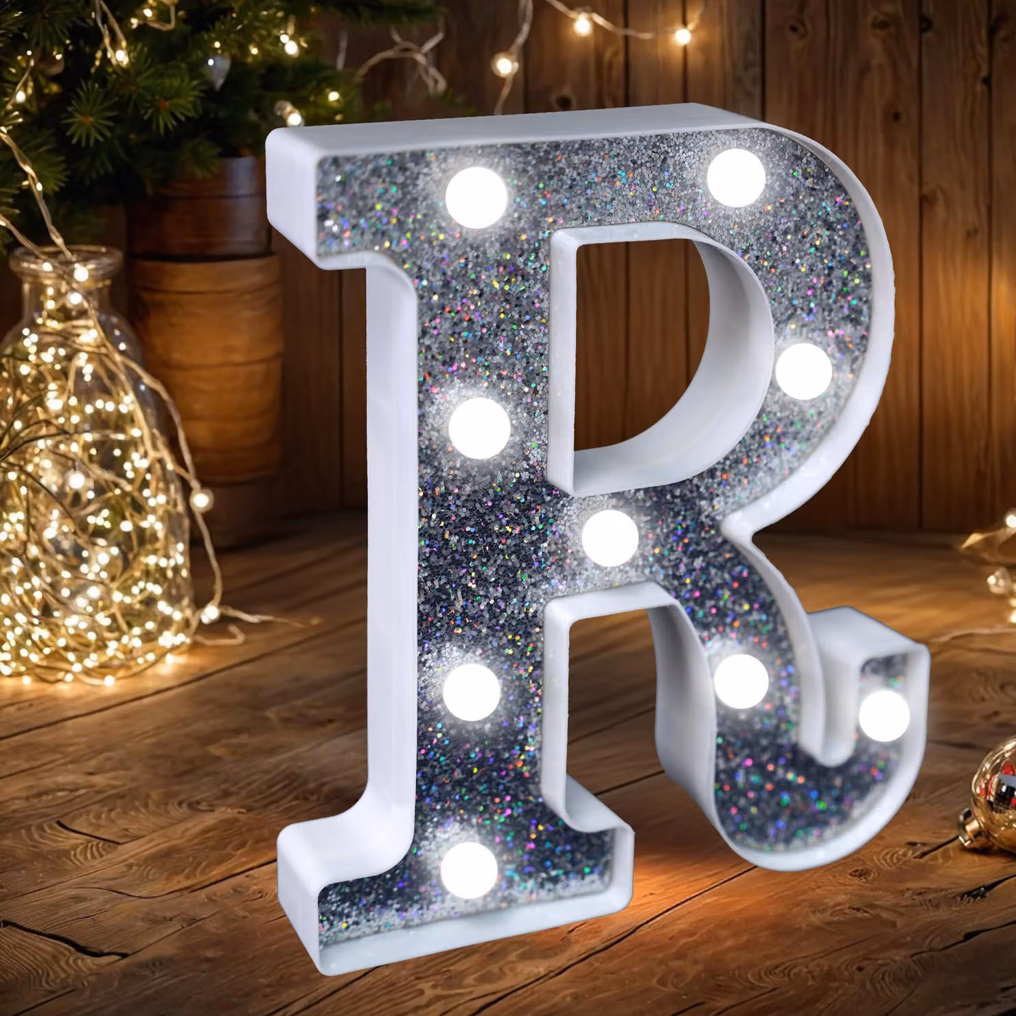 Luci a forma di lettera per tenda da festa, con tecnologia LED e decorazione in glitter argentato