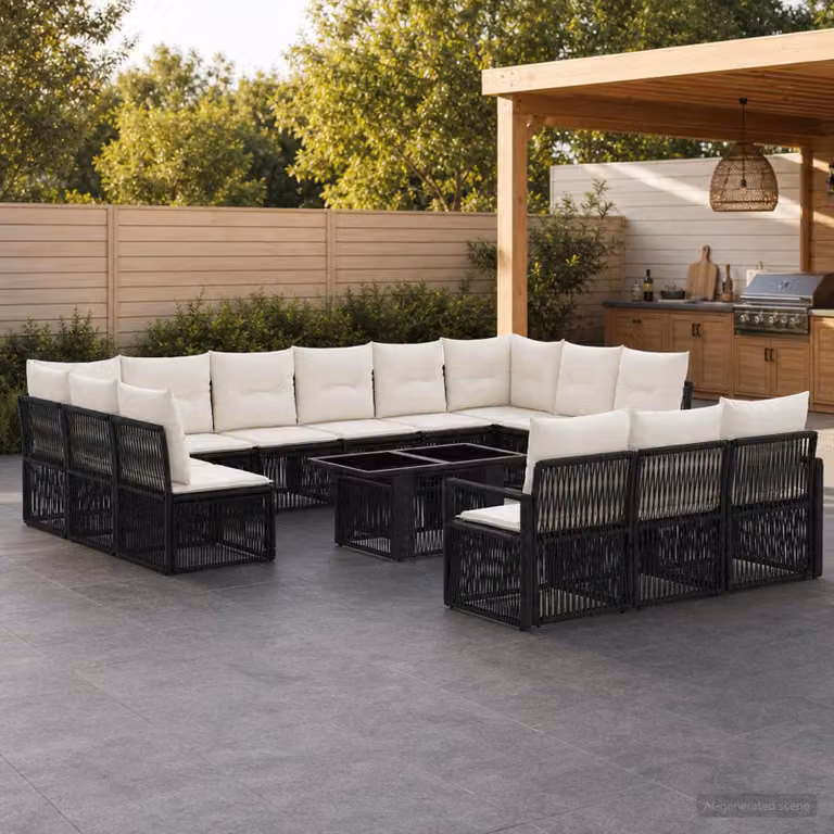 Set Divano da Giardino vidaXL 14 pz in Polyrattan Nero e Bianco con Tavolino e Cuscini per Terrazza o Giardino