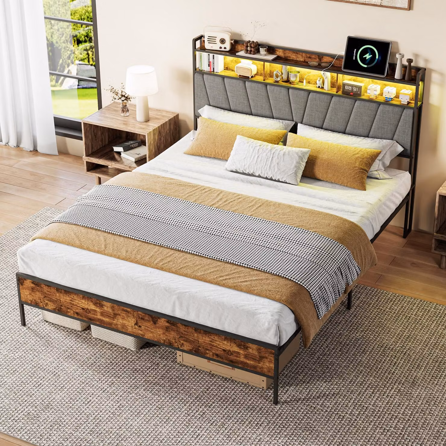 Letto matrimoniale ProximaX, dimensioni 160x200 cm, con illuminazione a LED, stazione di ricarica USB e testiera effetto legno
