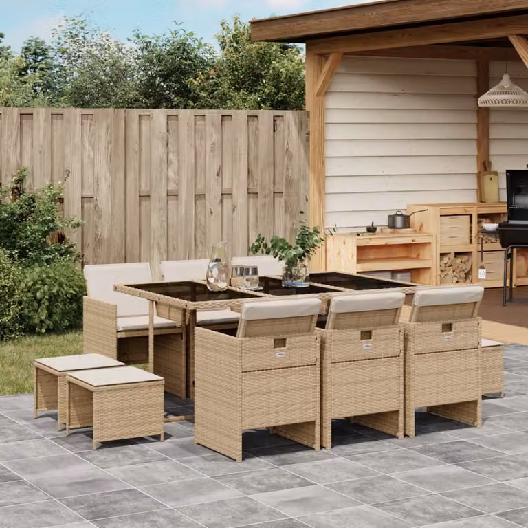 Set da Pranzo da Giardino vidaXL in Polyrattan con Cuscini Beige e Piano in Vetro, 11 Pezzi