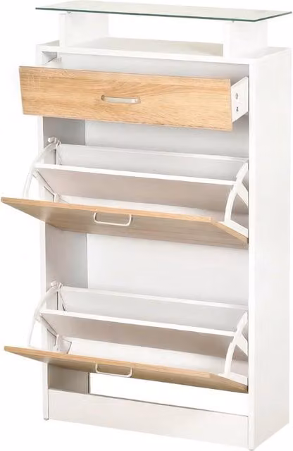 Scarpiera moderna per ingresso con 2 ante ribaltabili e ripiano in vetro, bianco e rovere, L: 60 cm, P: 24 cm, H: 105.5 cm