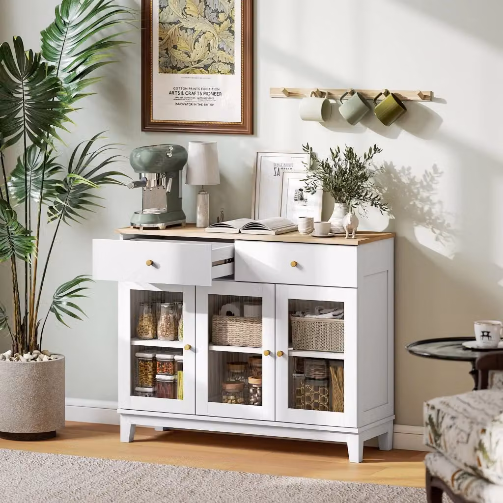 Credenza Buffet Moderno Giordanoshop con Ante in Vetro Bianco e Rovere L: 100 cm, P: 35 cm, H: 80.3 cm – 2