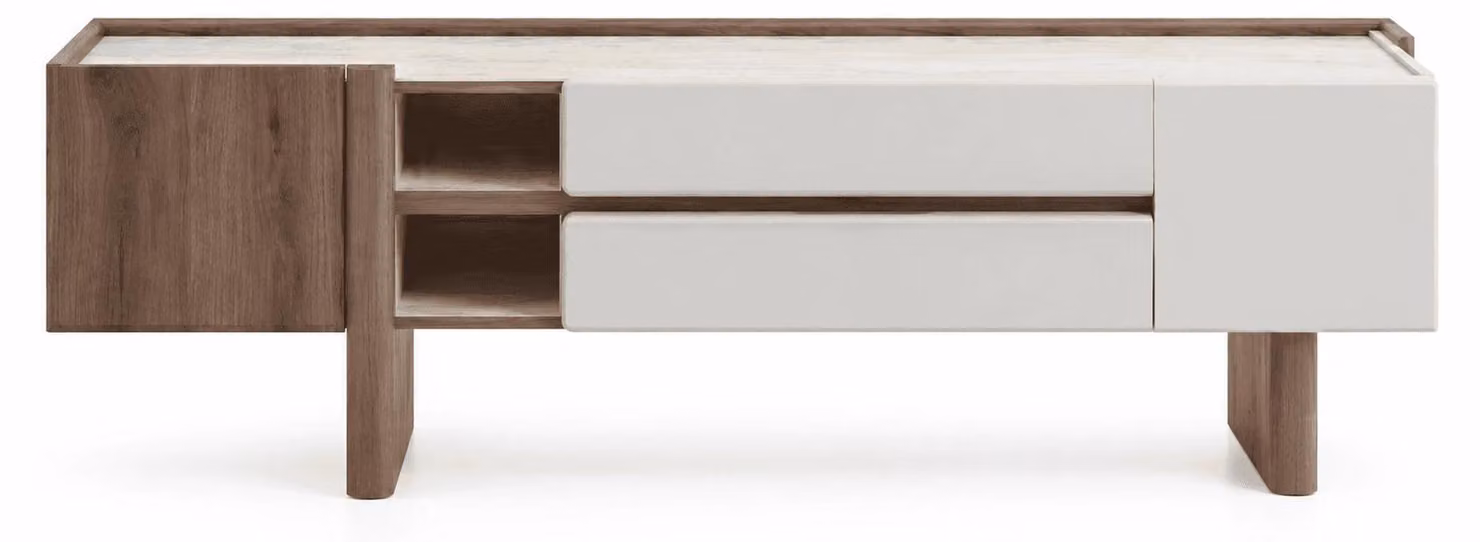 Tavolino beige per la TV, mobile basso, contenitore per elettronica, stile moderno