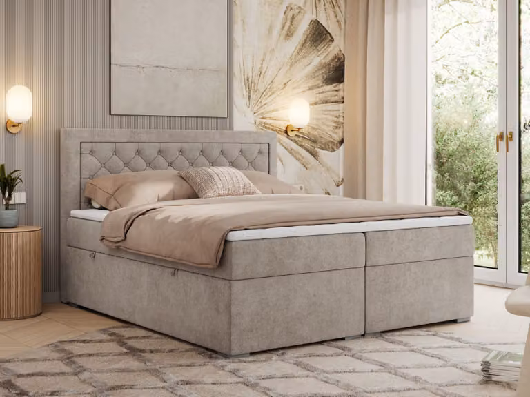 Letto boxspring MKS MEBLE 120x200 con contenitore, letto imbottito 120x200 con materasso H3 e topper, letto boxspring 120x200, letto imbottito 120x200, letto 120x200 con testiera - struttura beige - H3 - JASIR