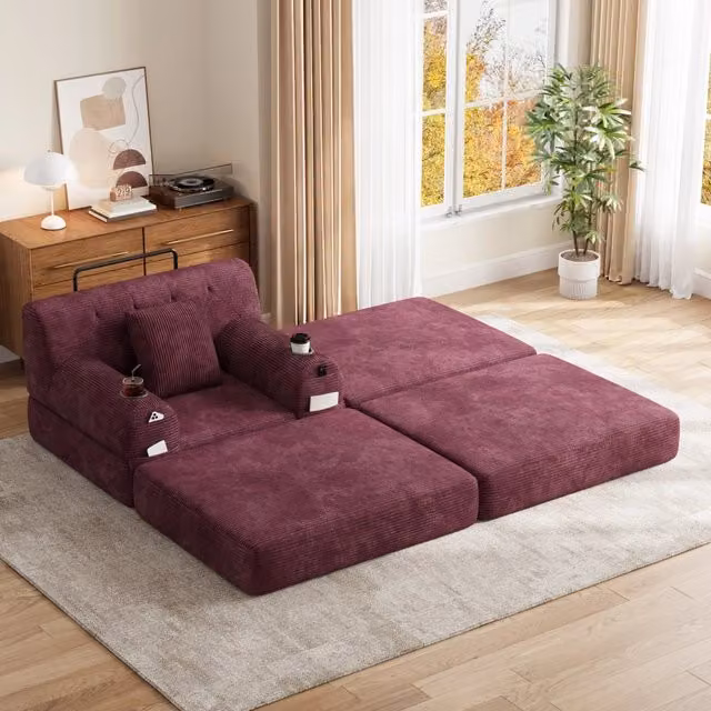 Poltrona letto in cord con schienale alto, funzione letto, tasche laterali e portabicchieri, senza montaggio, rosso vino