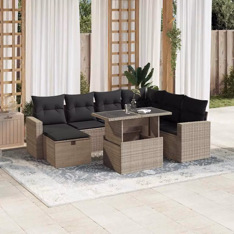 vidaXL Set Divano da Giardino a L in Polyrattan Grigio con Cuscini e Tavolino da Esterno 8pz