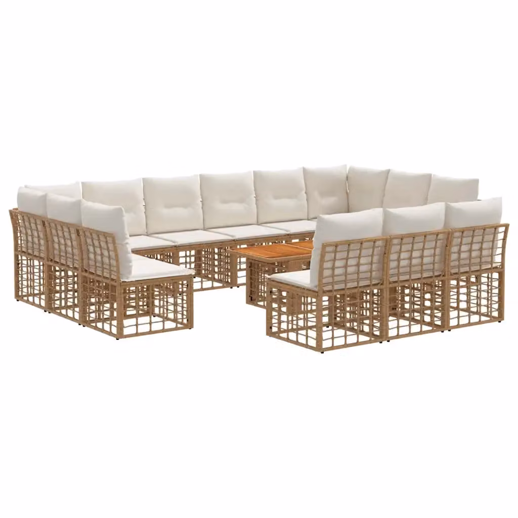 Set Divano da Giardino a L con Polyrattan e Cuscini vidaXL, Colore Naturale e Bianco Crema, 14 Pezzi – 2