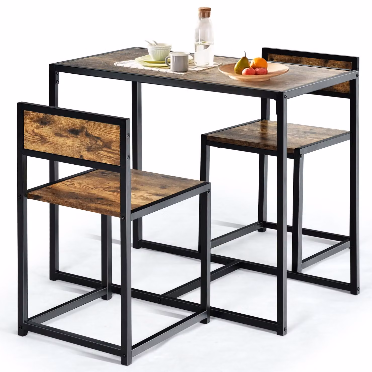 COSTWAY 3 pezzi cucina bar tavolo alto con 2 sedie da bar con struttura in metallo tavolo da cucina bar set per piccole stanze cucina sala da pranzo & bistro legno antico