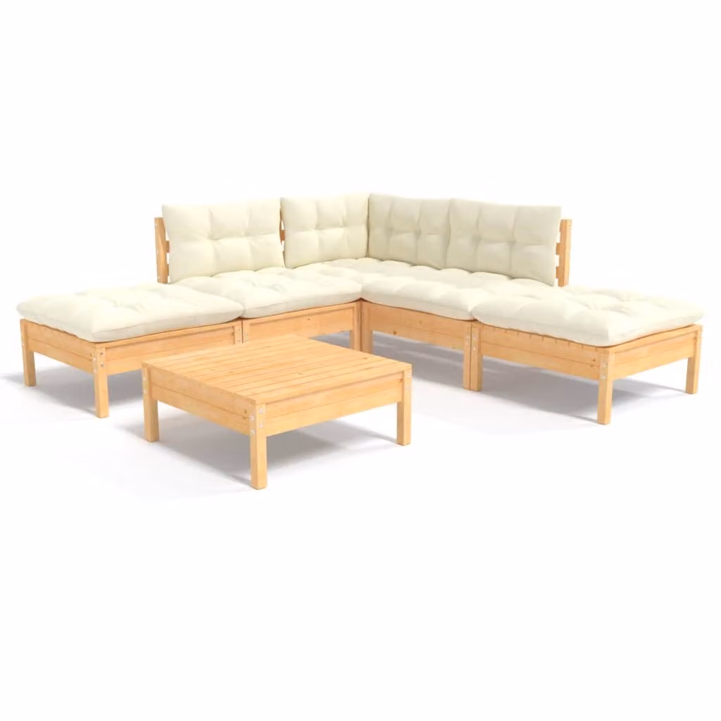 Set Salotto da Giardino 6 pz con Cuscini Crema Legno di Pino