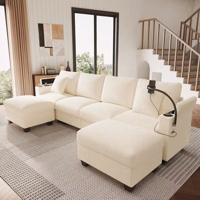 Divano letto angolare a U modulare MINIMAL in velluto a coste beige con funzione letto e porta cellulare USB
