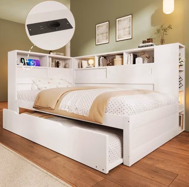 Letto letto giorno per bambini con letto estraibile, bianco, 90x200 cm senza materasso, con USB e spazio contenitivo