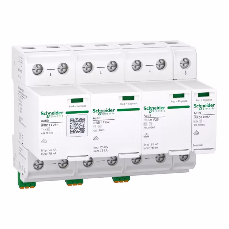 Scaricatore combinato Schneider Electric, Acti9 iPRD1 F25r, tipo 1+2, moduli di protezione innestabili, 3P+N, Iimp 25 kA, fusibile integrato, contatto FM A9L1F625