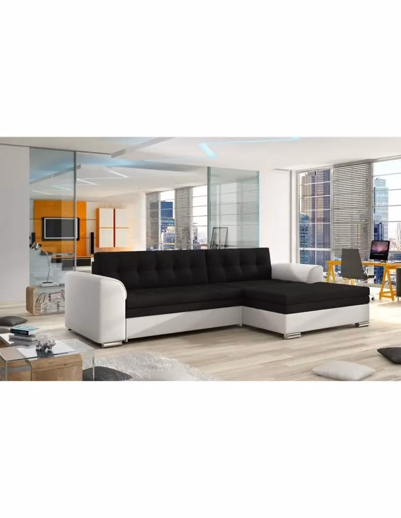 Divano angolare trasformabile MEUBLORAMA CONFORTO con funzione letto, modello a L con angolo destro, rivestimento in tessuto nero e bianco per il tuo soggiorno – 2