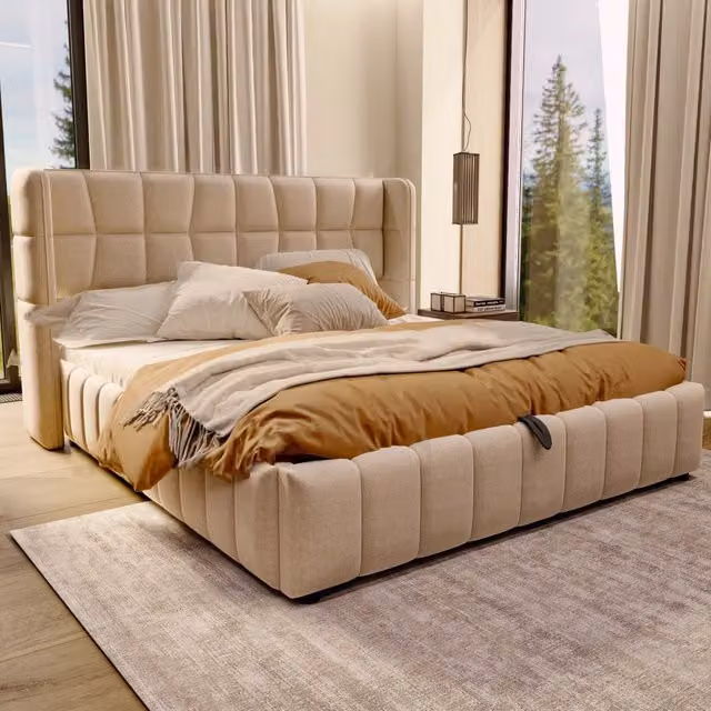 Letto contenitore 180 x 200 cm con contenitori e scrivania integrata, meccanismo idraulico, letto imbottito in tessuto beige con testiera contenitore