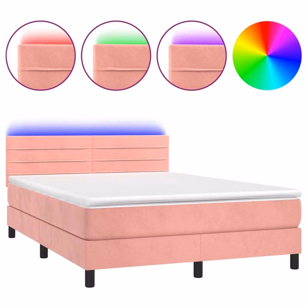 Letto a Molle con Materasso e LED Rosa 140x200 cm in Velluto