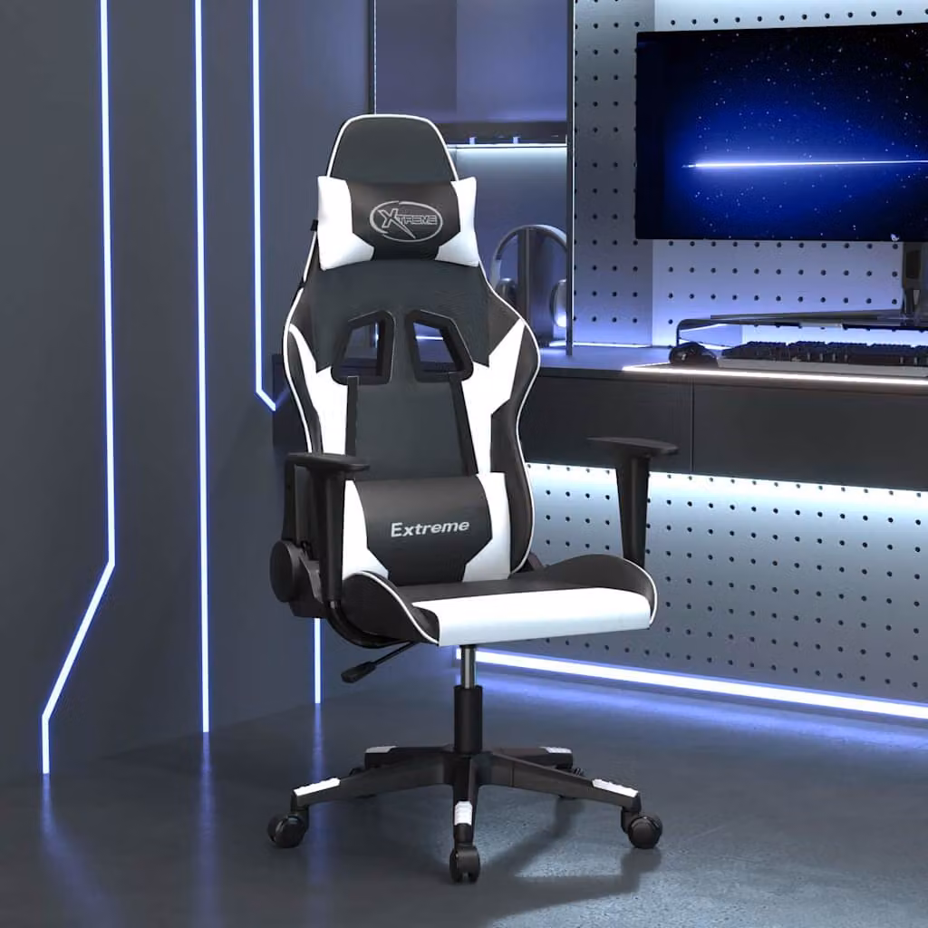 Sedia da Gaming vidaXL in Similpelle Nera e Bianca con Poggiatesta e Ruote, Altezza: 127,5 cm, Larghezza: 66,5 cm, Profondità: 61,0 cm