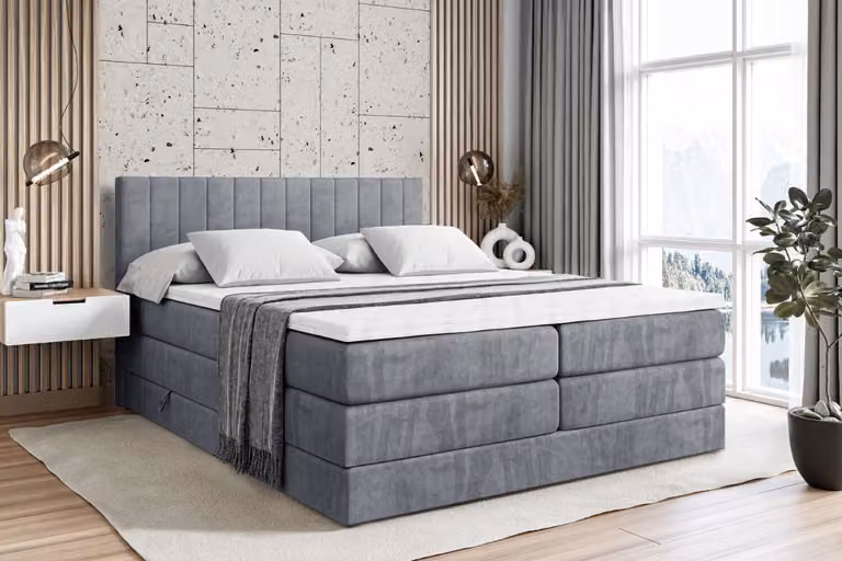 Letto boxspring ALTDECOR con 2 materassi e topper - 160x200 cm - EDITA KING - Velluto grigio - Letto imbottito con materassi H3 e H4, contenitore e rete a doghe, letto con spazio contenitivo