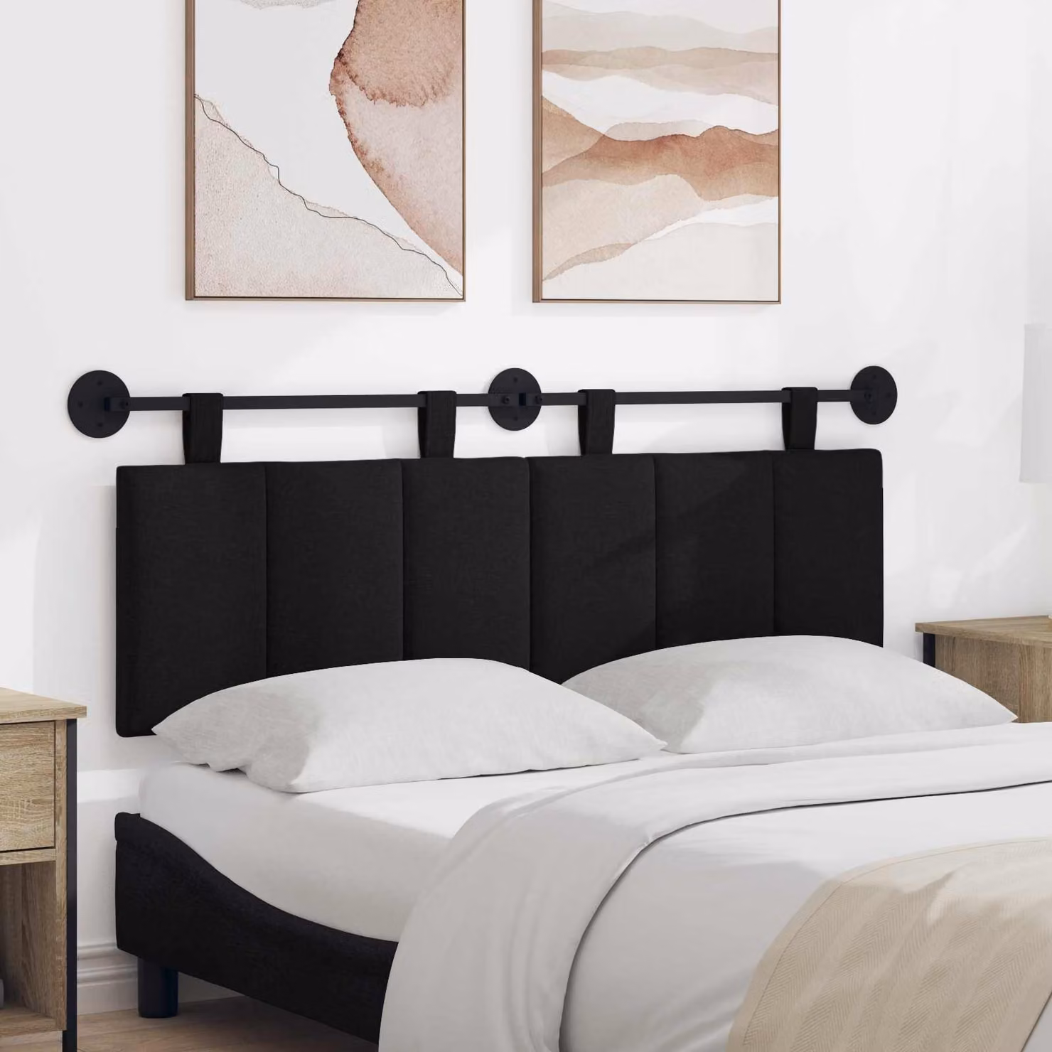 Testiera del letto sospesa vidaXL in tessuto nero con design moderno e pannello imbottito L: 130 cm, P: 5 cm, H: 55 cm