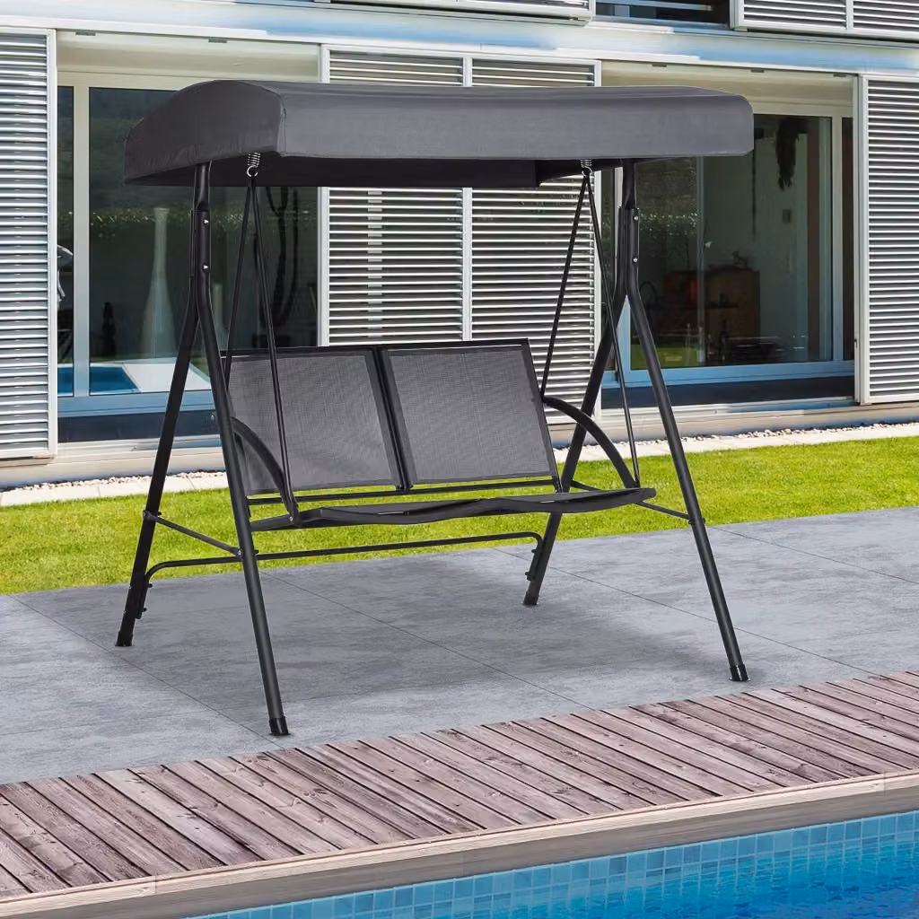 Easycomfort Dondolo da Giardino a 2 Posti con Tettuccio Regolabile, Grigio, L 140 x P 118 x H 162 cm – 2