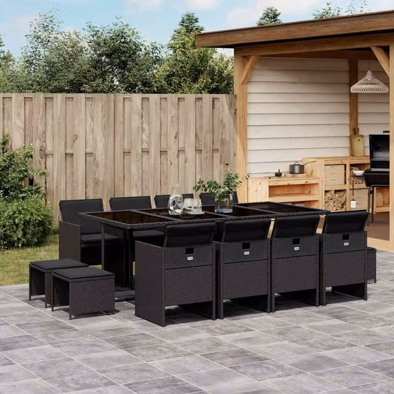 Set da pranzo da giardino vidaXL in polyrattan nero con 13 pezzi e cuscini