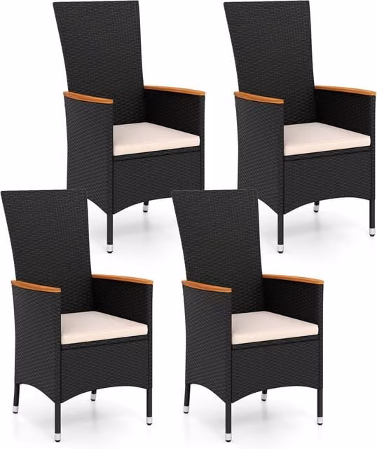Set di 4 sedie da esterno in ratten pe con cuscino di seduta, Set di mobili per balcone cortile bordo piscina Beige