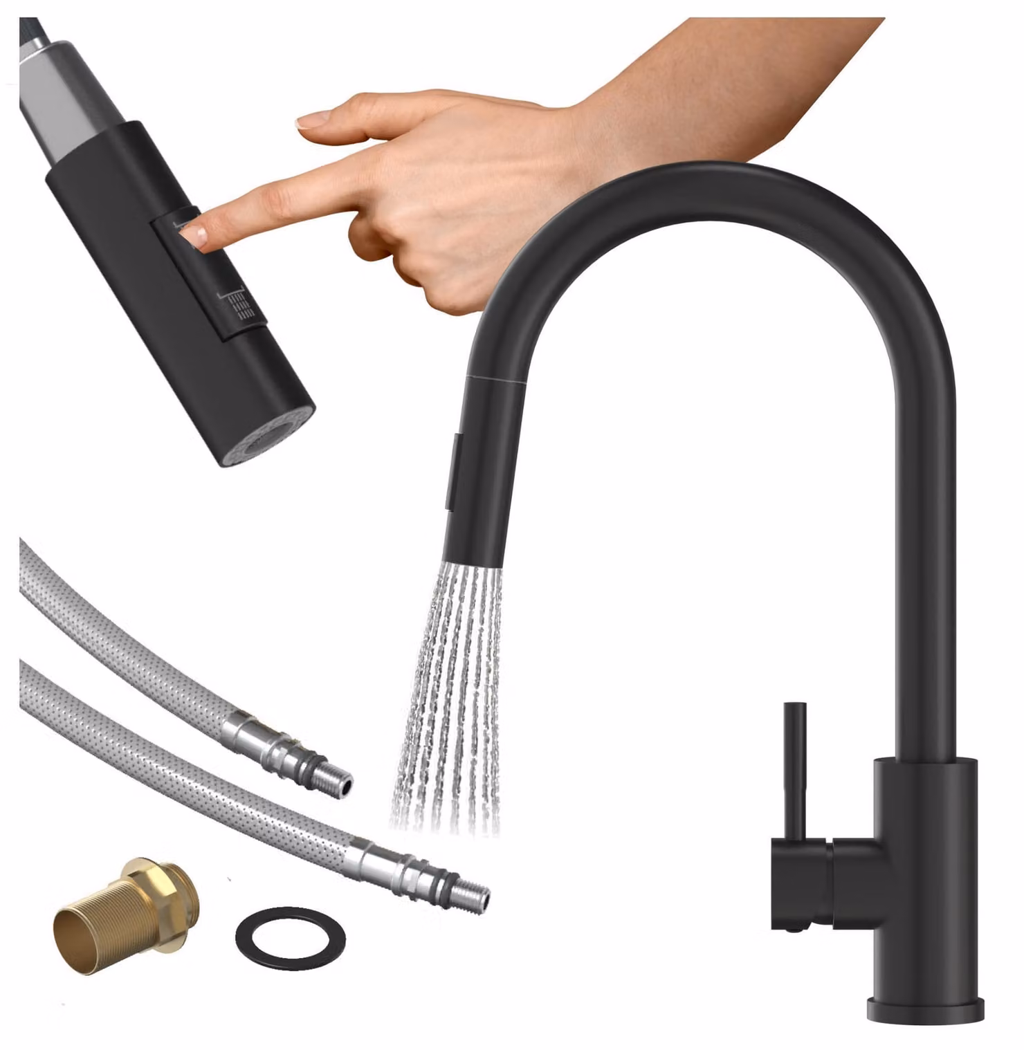 Granitan - Rubinetto da cucina - Rubinetto per lavello - Bocca estraibile - 2 tipi di getto - Nero - LOSETO