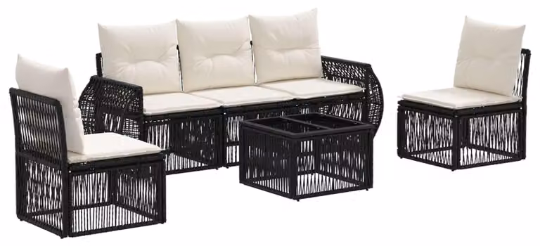 Set Divano da Giardino 6 pcs Nero e Bianco Crema polyrattan