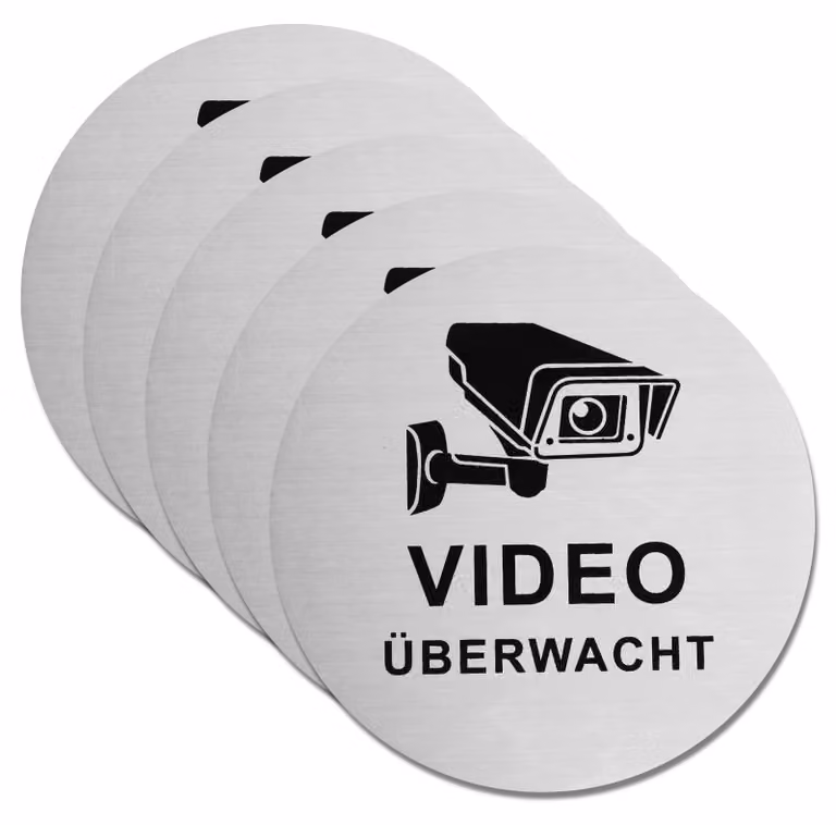 Adesivi per videosorveglianza, autoadesivi, 10 cm, confezione da 5 pezzi, adatti per interni ed esterni