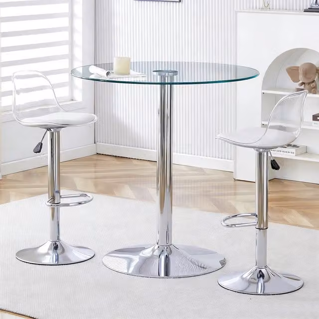 Set tavolo da bar con 2 sgabelli diametro 89 cm; regolabili e girevoli in vetro; plastica trasparente argento e metallo e bianco