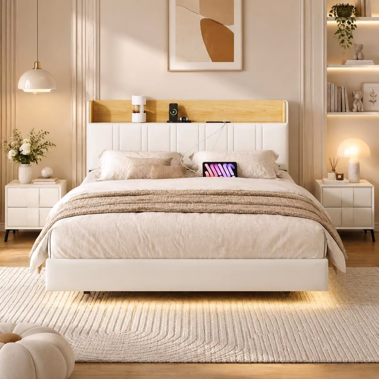 Letto imbottito INONEFT, 140x190 cm, con LED, letto per ragazzi con spazio contenitivo nella testiera e funzione di ricarica USB, struttura letto sospesa con rete a doghe, colore bianco