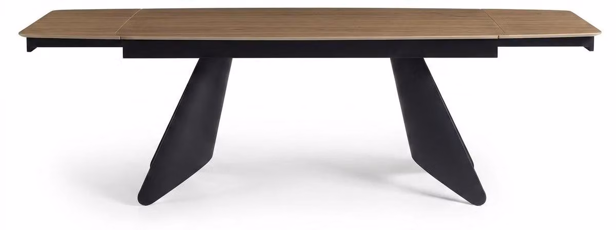 Tavolo da pranzo marrone, aspetto legno e vetro, struttura in metallo, arredamento interno, stile moderno