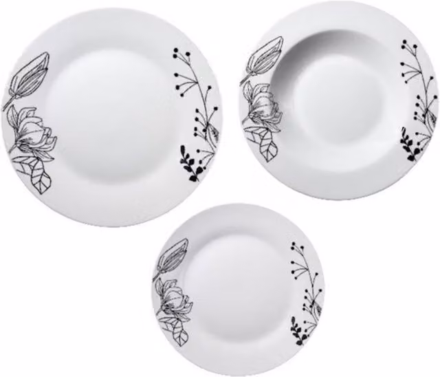 Servizio Piatti Avilia Home da 18 Pezzi in Porcellana Bianca con Decoro Floreale Magnolia