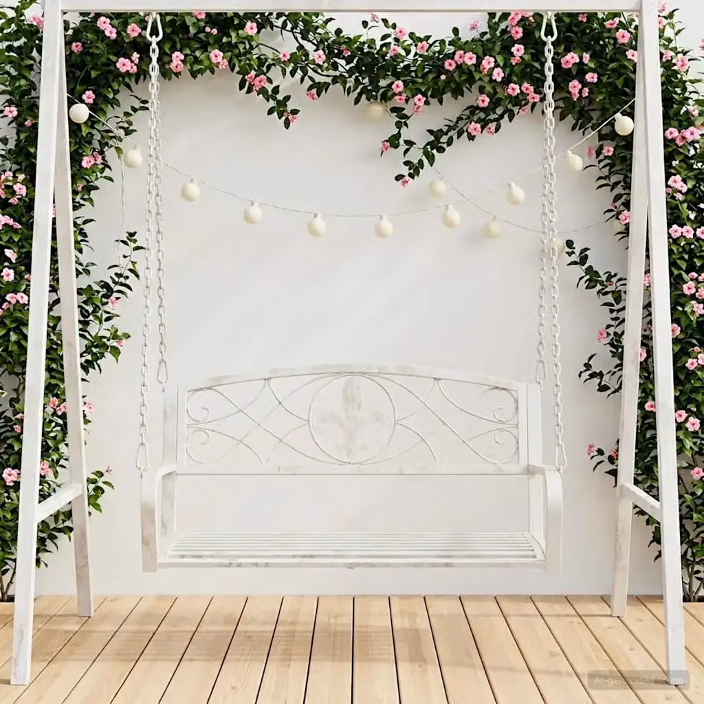 Panchina a dondolo in acciaio per giardino e terrazzo, colore bianco, L: 110,5 cm, P: 59 cm, H: 55 cm – 2