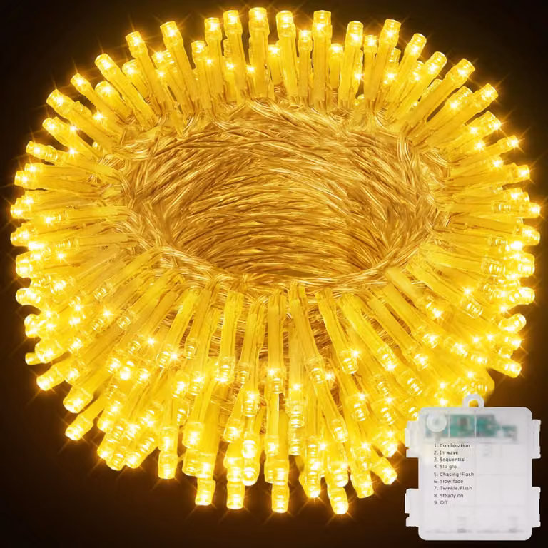 Catena luminosa con 210 LED, luce bianco caldo, lunghezza 21 metri, alimentazione a batteria