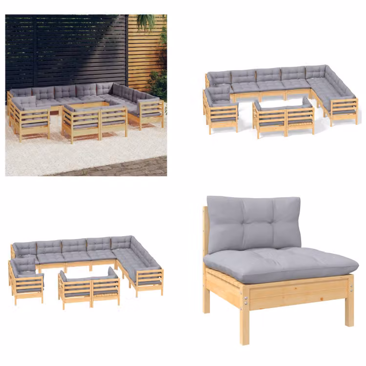 vidaXL Set salotto da giardino 12 pezzi con cuscini grigi in pino massiccio - Set salotto da giardino - Set salotto da giardino - Set arredo giardino - Set arredo giardino