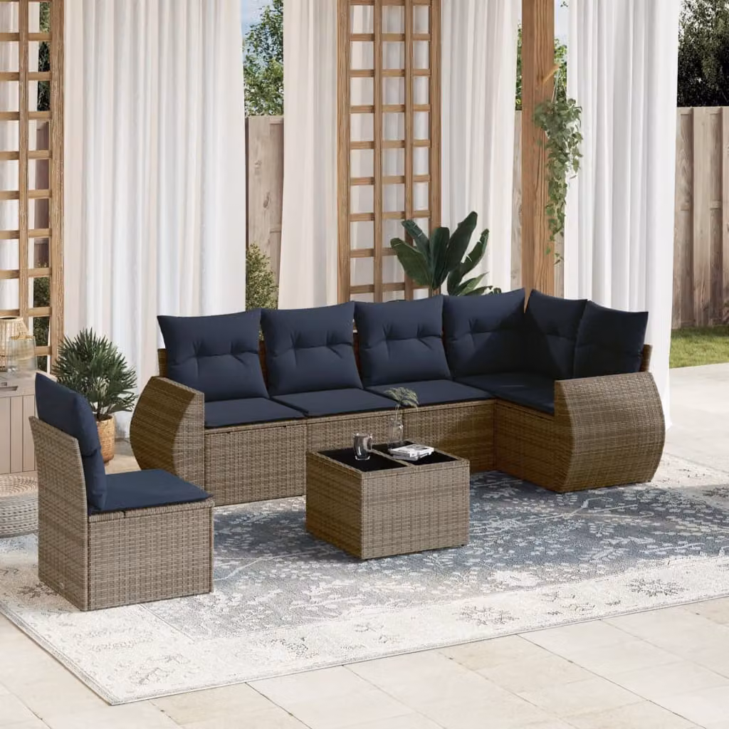 Set Divani da Giardino vidaXL 7 pz in Polyrattan Grigio con Cuscini e Tavolino da Esterno
