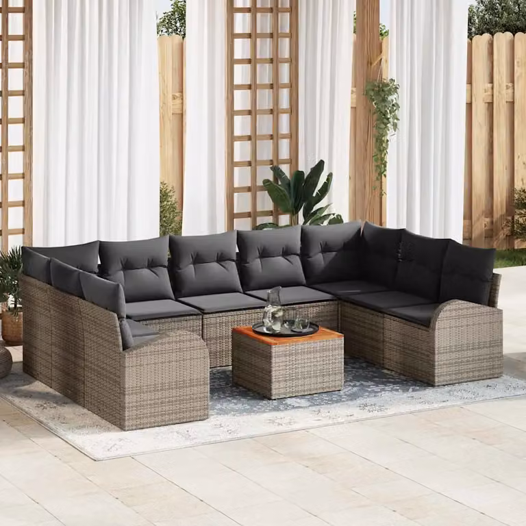 Set Divano da Giardino vidaXL 10 Pezzi in Polyrattan Grigio con Cuscini e Tavolino da Esterno