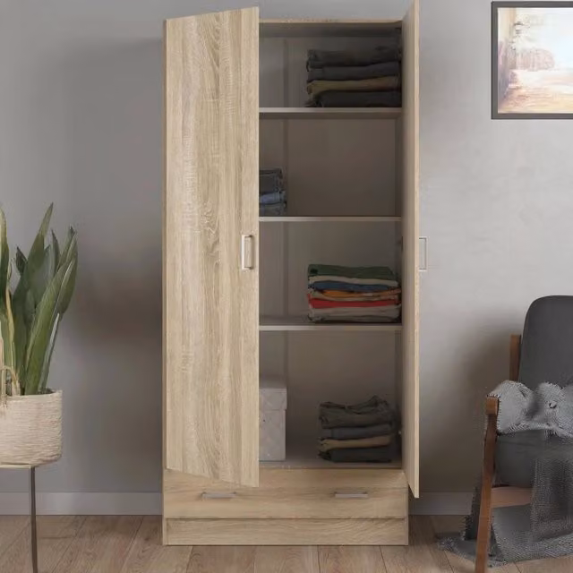 Amylya Armadio Multiuso Moderno con 2 Ante e 1 Cassetto, Colore Marrone Quercia e Beige, L: 35.7 cm, P: 79.4 cm, H: 170.4 cm
