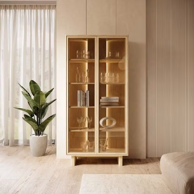 Vetrina Espositore DMORA Hasa con Ante in Vetro e Illuminazione Integrata, Colore Marrone Rovere, L: 94 cm, P: 38 cm, H: 195 cm – 1