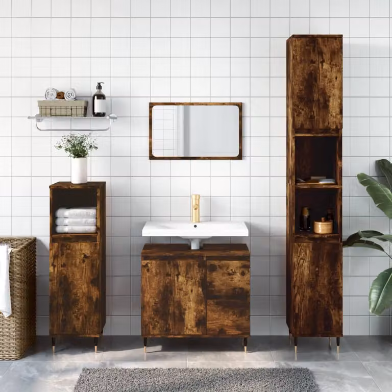 Set di mobili da bagno moderno vidaXL in legno e metallo color rovere fumo, composto da 3 pezzi: mobile alto, mobile laterale e mobile lavabo (H: 190 cm, L: 65 cm, P: 33 cm)