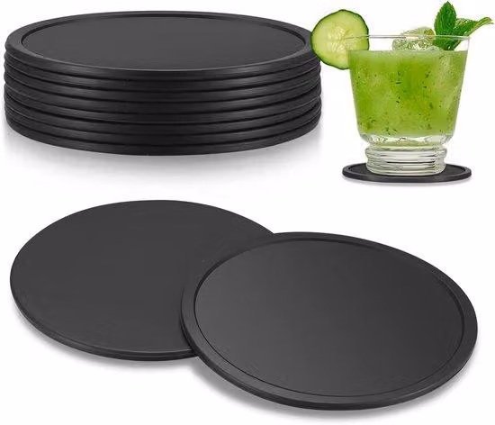 Rondelle in silicone - Set con supporto - Rondelle - Rondelle rotonde - Sottobicchieri - Antiscivolo - Resistenti al calore - Nere - Regalo - Rondelle antiscivolo per caffè, birra, vino, a casa, al bar