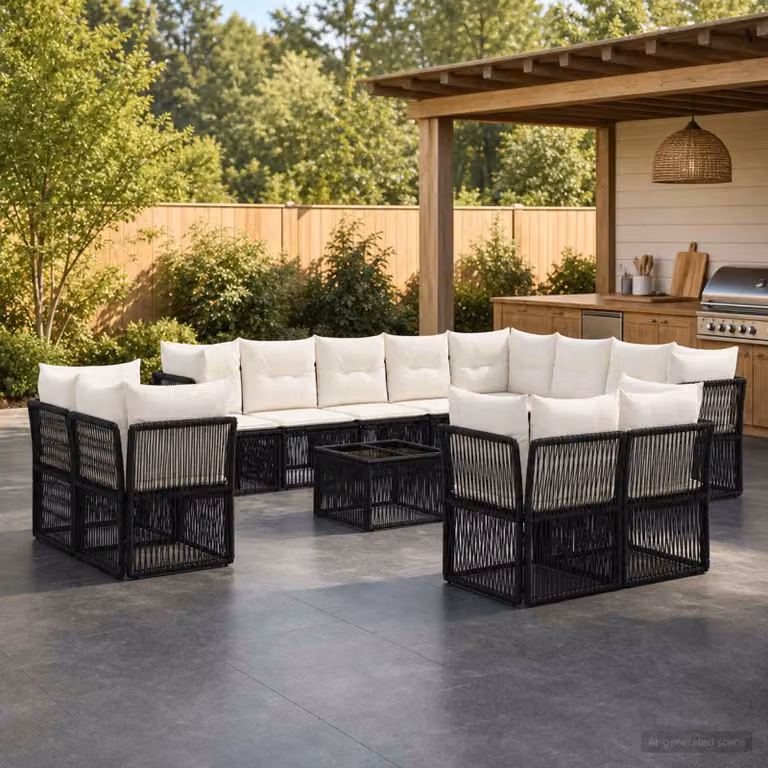 Set Divano da Giardino vidaXL 13 pz a Forma a L con Tavolino Nero in Polyrattan e Acciaio