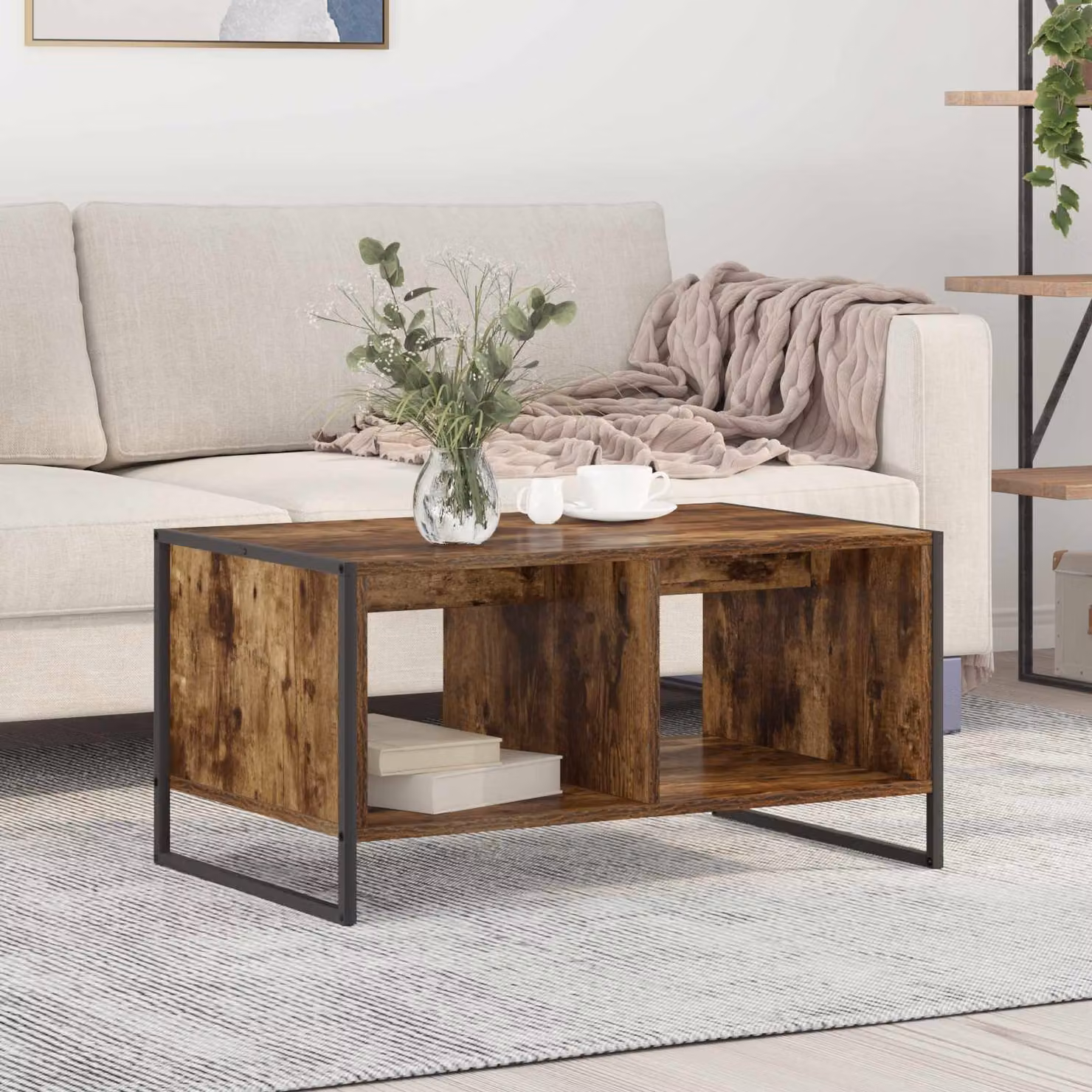 Tavolino da salotto vidaXL in stile industriale, colore marrone quercia, L 80 cm x P 50 cm x H 40 cm