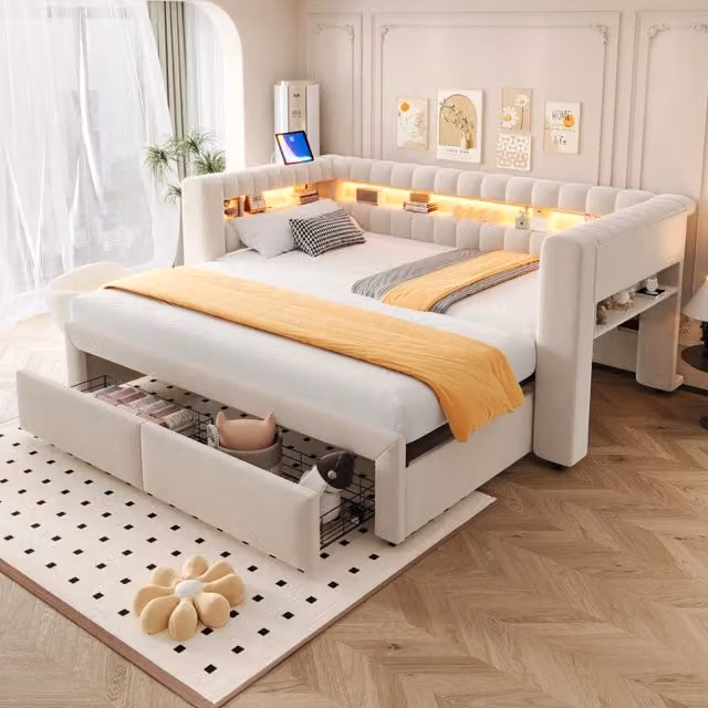 Divano-letto imbottito in velluto beige 90×190 cm apribile a 180×190 cm, con 2 cassetti, vani laterali, luci LED e porte USB/Type-C