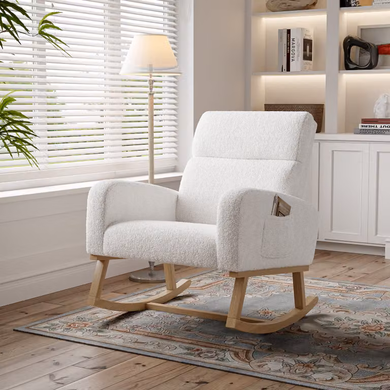 Sedia a dondolo UnboxG, sedia a dondolo con braccioli, sedia a dondolo con struttura in legno, tapparelle in feltro, portata fino a 150 kg, sedia a dondolo per soggiorno camera da letto, 78,5x53,5x87 cm